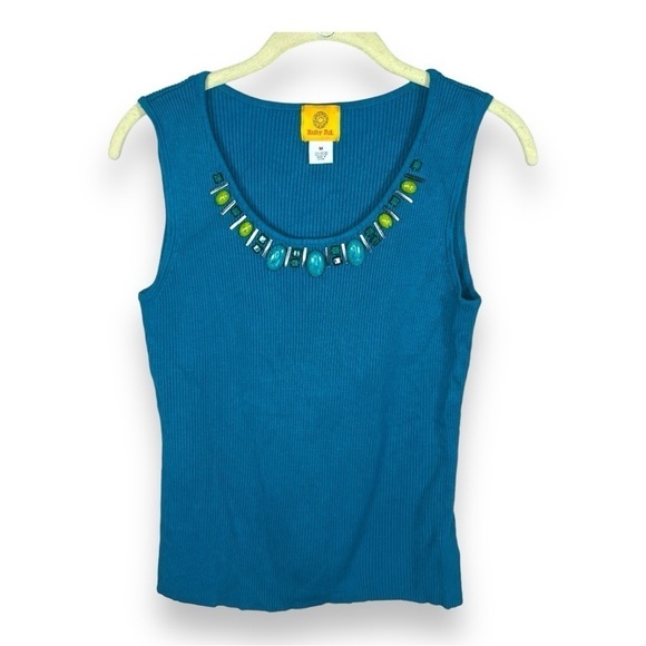 MEDIUM RUBY RD TEAL BLUE BEADED RIBBED KNIT TANK SLEEVELESS STRETCH - Picture 1 of 9